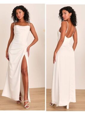 Lulus Here's to Love White Satin Backless Column Maxi Dress Size Large Wedding